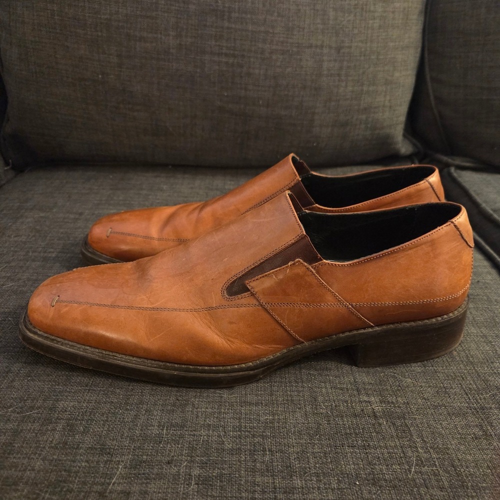 Bacco Bucci Mens Cognac Brown Leather Slip On Loafers Made in Italy Size 13